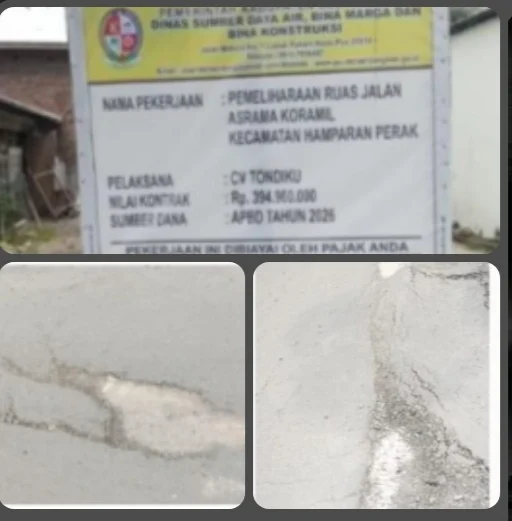 JALAN RP394 JUTA DI HAMPARAN PERAK RUSAK BELUM 2 BULAN, WARGA PERTANYAKAN KUALITAS DAN PENGAWASAN    “SDA BMBK Deli Serdang Diminta Segera Periksa Pekerjaan CV TONDIKU”