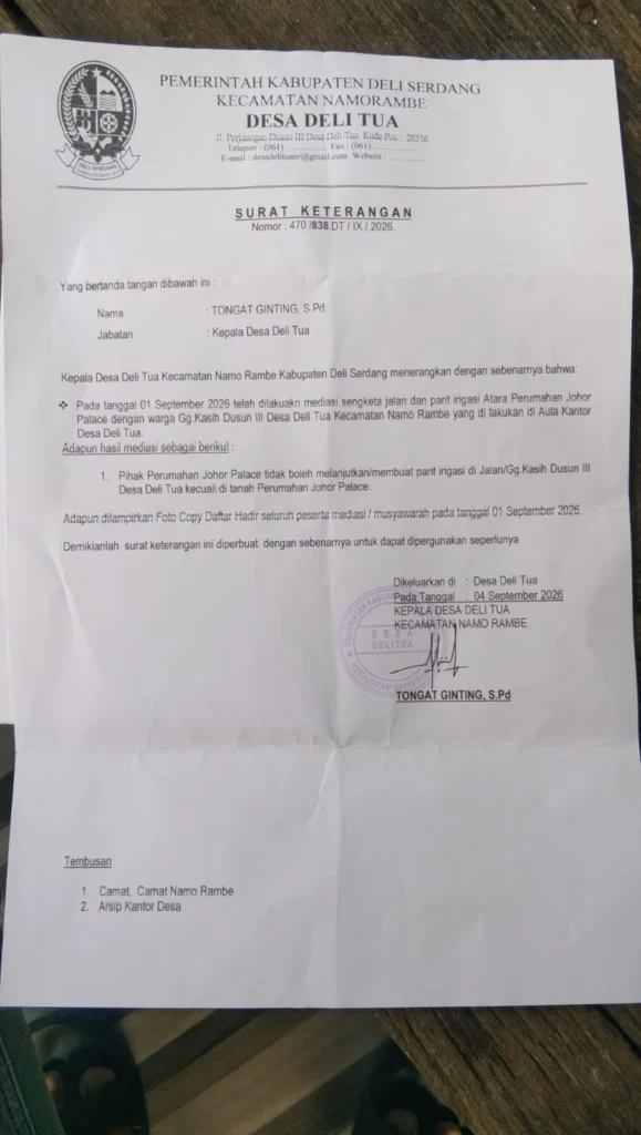 SAH! KADES DELI TUA TERBITKAN SURAT LARANGAN UNTUK THE JOHOR PALACE – DILARANG KERAS BUAT PARIT DI JALAN WARGA GG. KASIH DUSUN III!