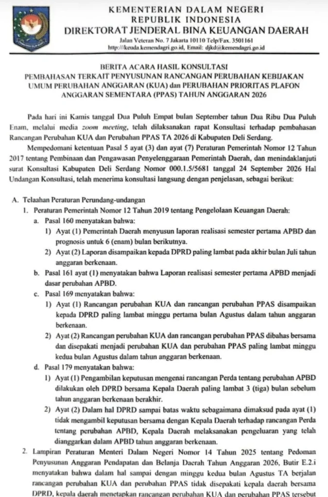 PEMKAB DELI SERDANG TINDAKLANJUTI SE MENDAGRI SOAL PENYESUAIAN TKD 2026 UNTUK DAERAH TERDAMPAK BENCANA