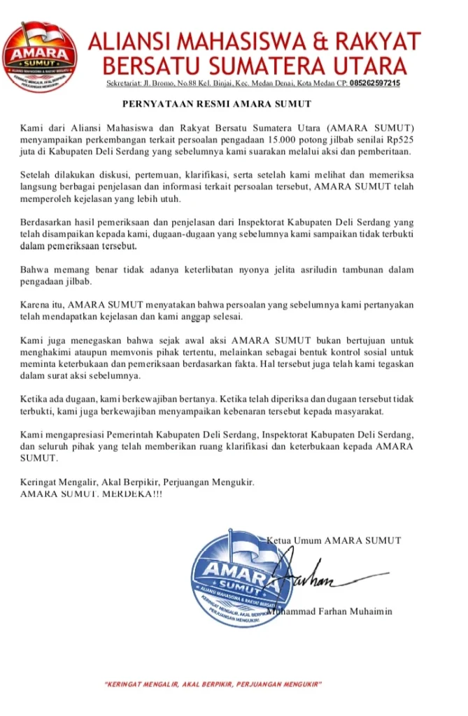 AMARA Sumut Apresiasi Keterbukaan Pemkab Deli Serdang dan Inspektorat Soal Polemik 15.000 Jilbab