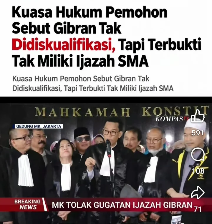 MK Tolak Gugatan Ijazah Gibran, Dua Kubu Sama-Sama Klaim Kemenangan: Kubu Gibran Lega Tak Didiskualifikasi, Kubu Denny Indrayana Rayakan “Terbukti Tak Punya Ijazah SMA”