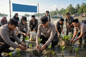KAPOLRES LANGKAT BERSAMA MASYARAKAT TANAM MANGROVE, JAGA EKOSISTEM PESISIR DAN DUKUNG EKONOMI NELAYAN